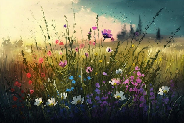 A painting of flowers in a field with a sky background