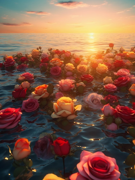 A painting of flowers floating in the water
