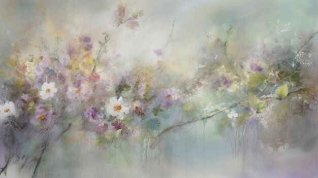 A painting of flowers in a foggy sky