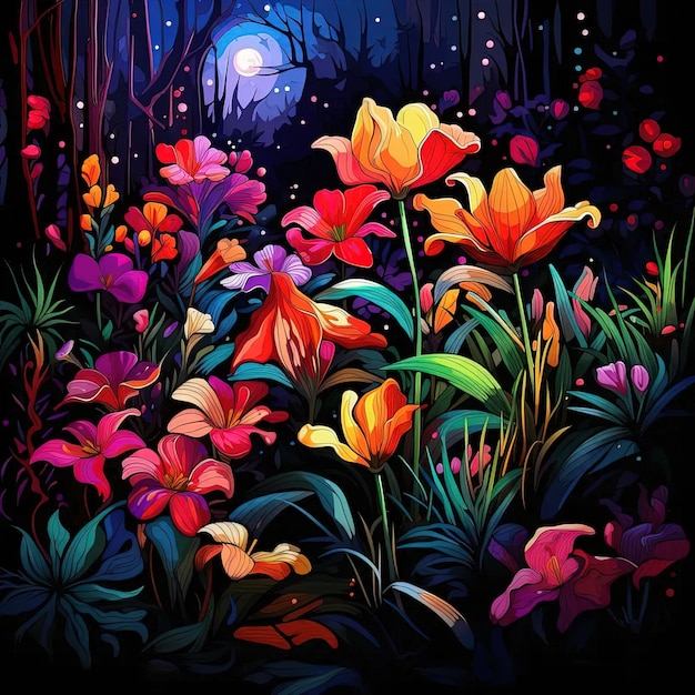 Photo a painting of flowers in a forest at night