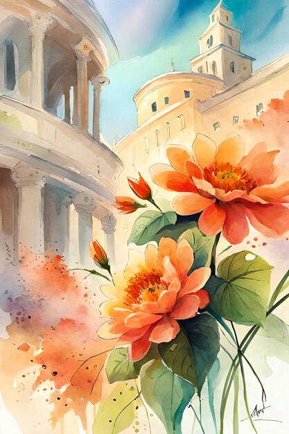 A painting of flowers in front of a building