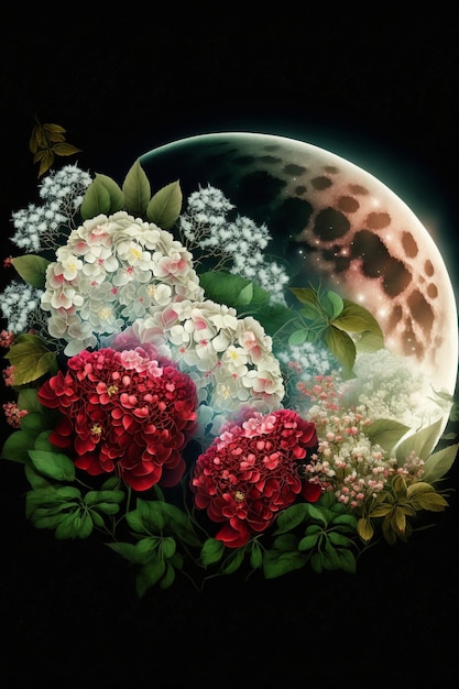 Painting of flowers in front of a full moon generative ai