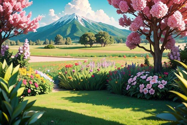 A painting of flowers in front of a mountain with a mountain in the background.