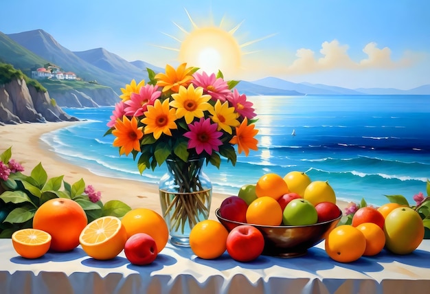 painting of flowers and fruit on a table with a sun in the background