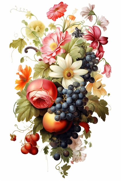 картина цветы и фрукты с букетом цветов