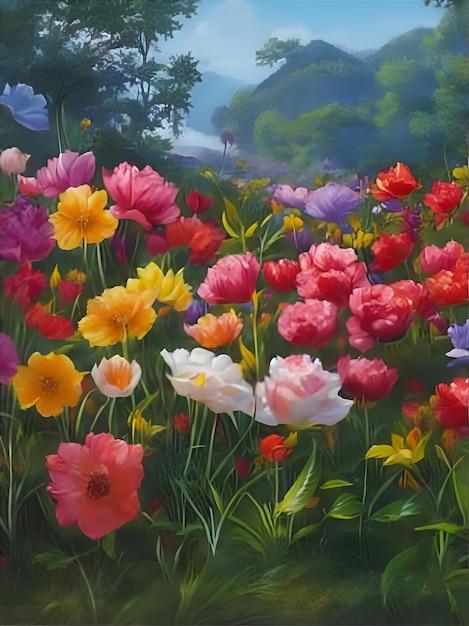 A painting of flowers in a garden by person.