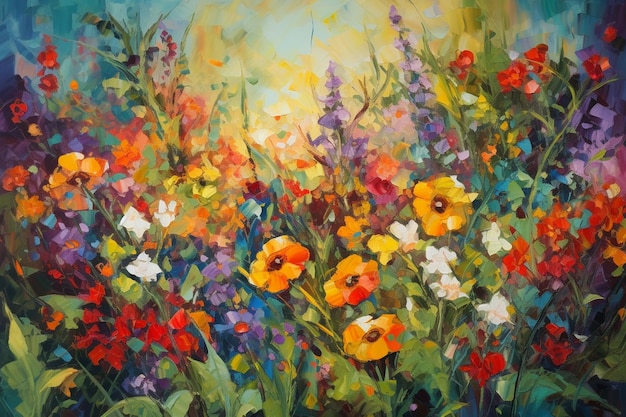 A painting of flowers in a garden with the sun shining on it.