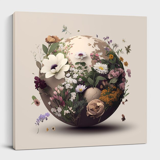 A painting of flowers and a globe with a flower on it.