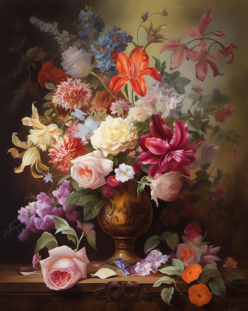 A painting of flowers and a gold urn with a white tag that says " spring ".