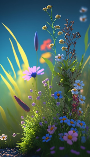 A painting of flowers and grass with a blue background.