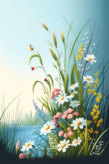 A painting of flowers and grass with a butterfly on the bottom