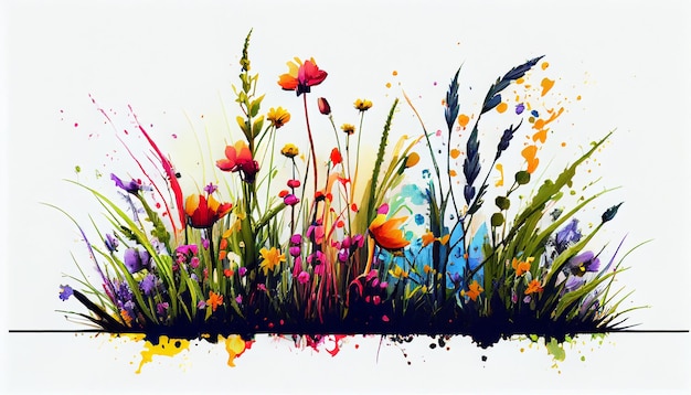 A painting of flowers and grass with the word spring on it.