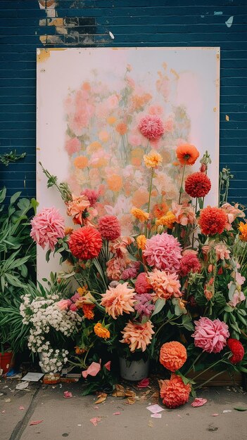 Foto un dipinto di fiori è di fronte a una parete blu