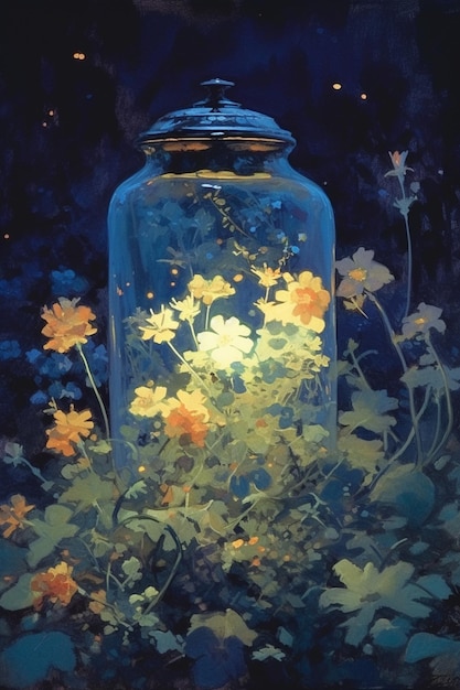 A painting of flowers in a jar with a blue background.