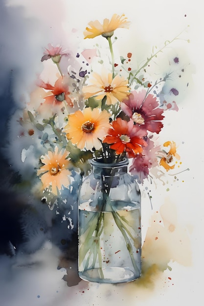 A painting of flowers in a jar with water drops on it.