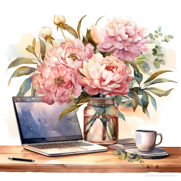 a painting of flowers and a laptop with a vase of flowers in front of it.