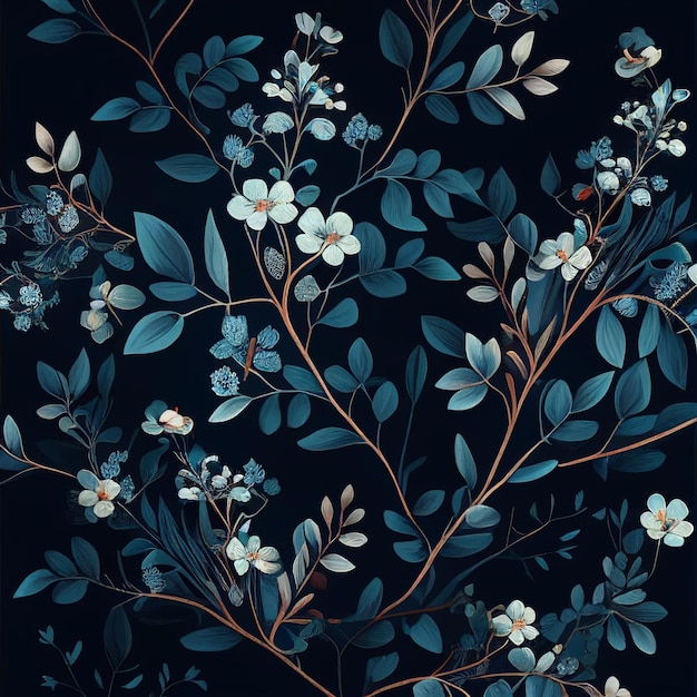 Painting of flowers and leaves on a black background generative ai