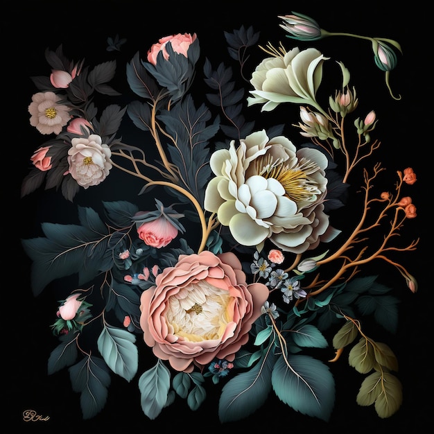 a painting of flowers and leaves on a black background generative AI