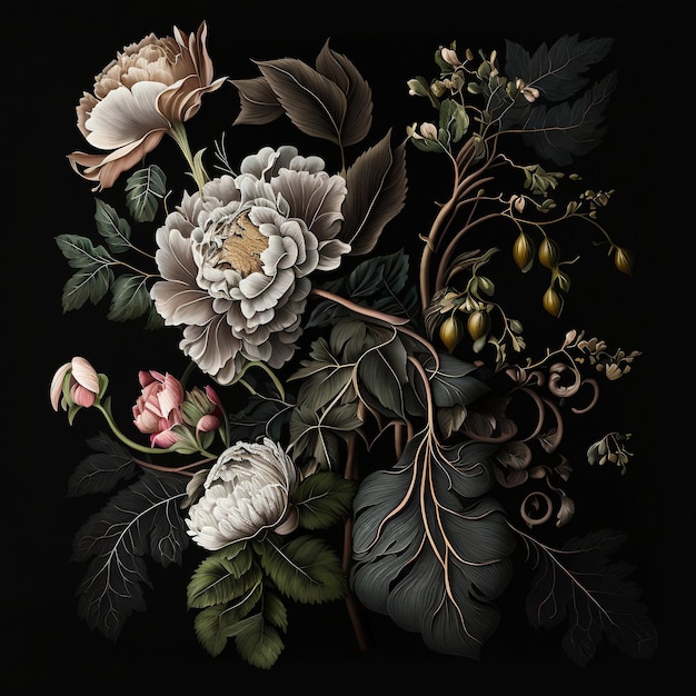 a painting of flowers and leaves on a black background generative AI