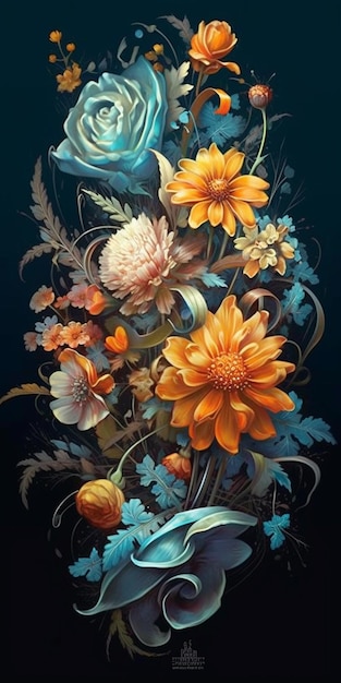 Картина цветов и листьев на черном фоне