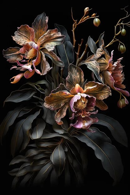 A painting of flowers and leaves on a black background