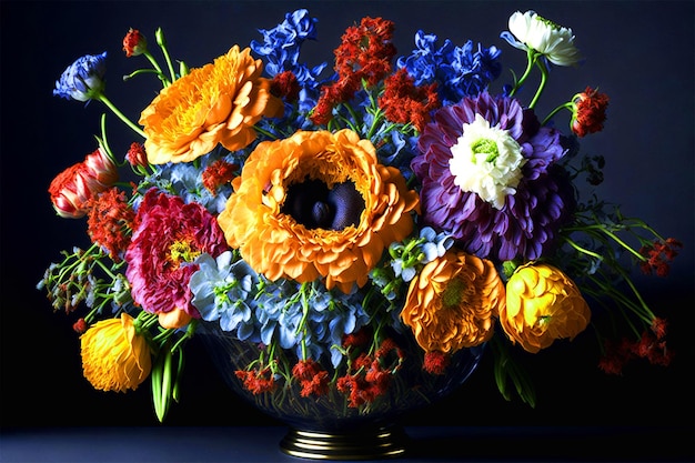 A painting of flowers and leaves that are on a black background