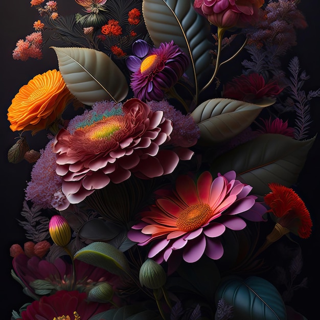 A painting of flowers and leaves that are on a black background