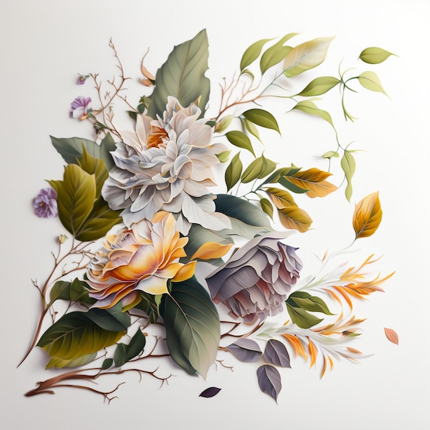 a painting of flowers and leaves on a white background generative AI