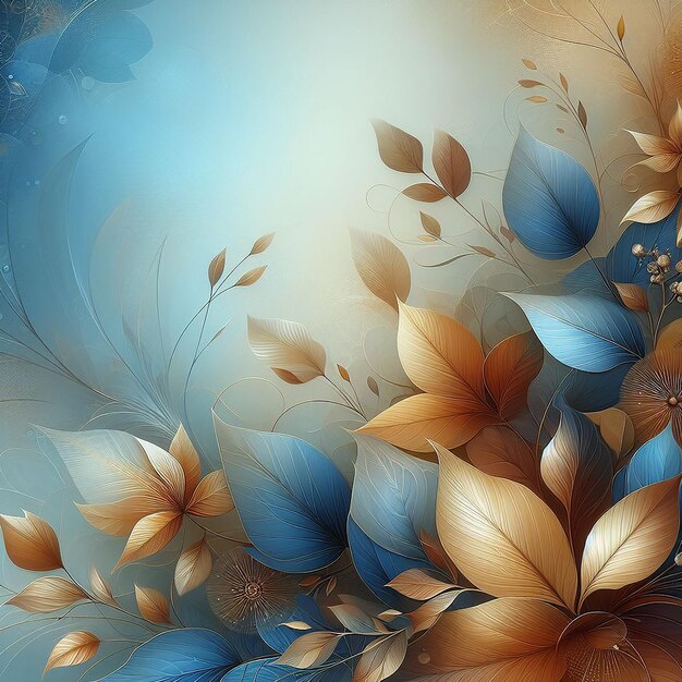 a painting of flowers and leaves with a blue background