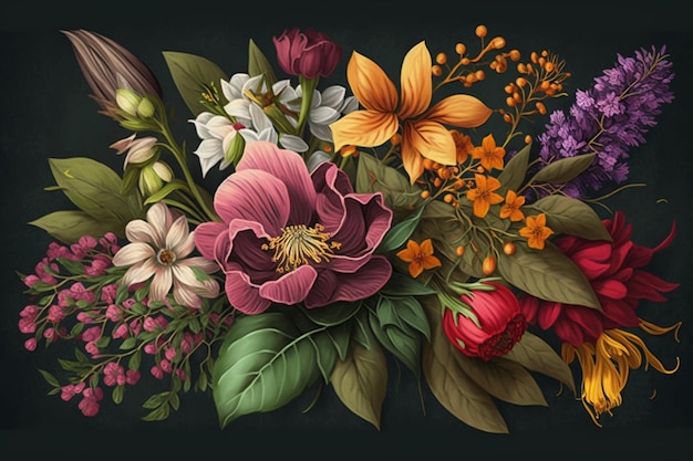 A painting of flowers and leaves with the word love on it.