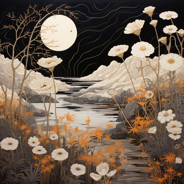 a painting of flowers and the moon is shown