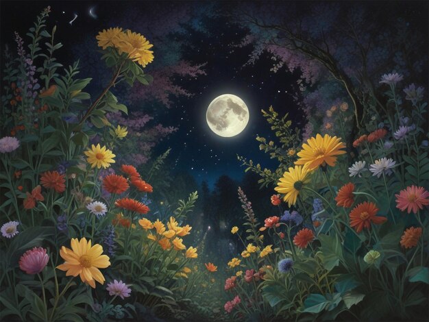 a painting of flowers and the moon in the sky