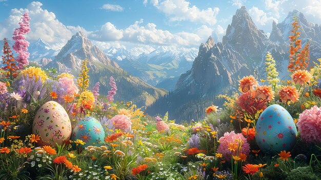 a painting of flowers and mountains with a mountain in the background