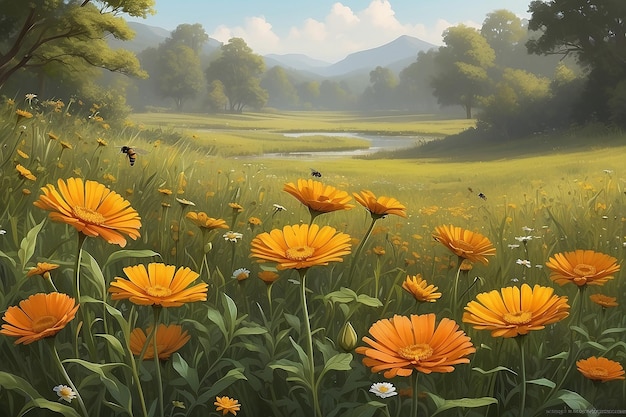 背景の山の景色を描いた花と池の絵画