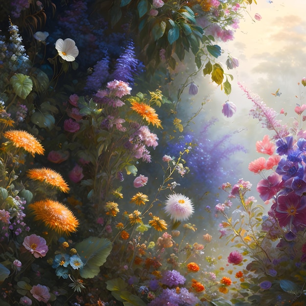 A painting of flowers and a rainbow