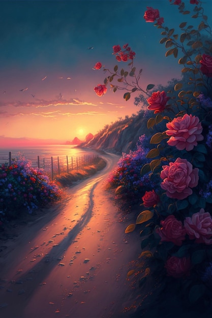 Painting of flowers on the side of a road generative ai