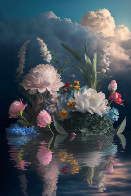 Painting of flowers sitting on top of a body of water generative ai