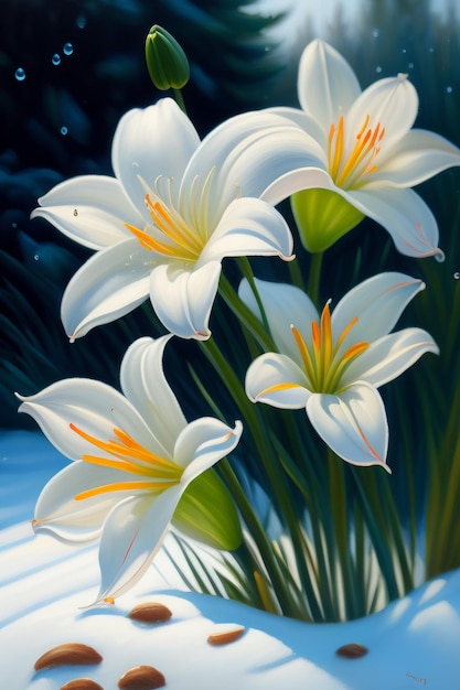 A painting of flowers in the snow