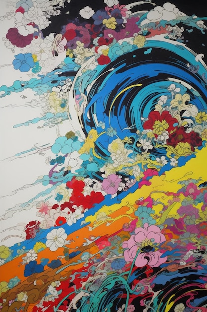 Картина с цветами и спиралью с голубым кругом в центре.