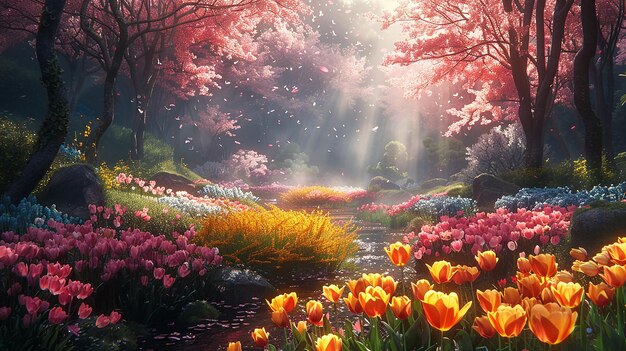 a painting of flowers and a stream with the sun shining through them