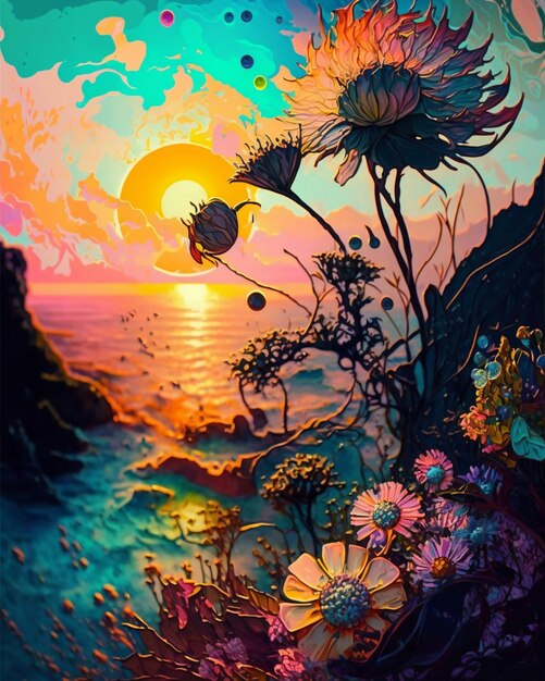 A painting of flowers and the sun is on the water