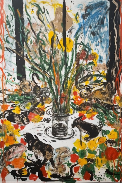 A painting of flowers on a table with a vase of flowers on it.