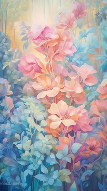 A painting of flowers that are blue, pink, and orange.