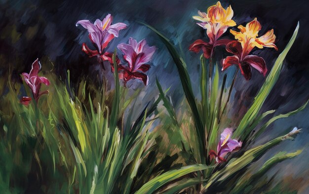 A painting of flowers that are in a dark room