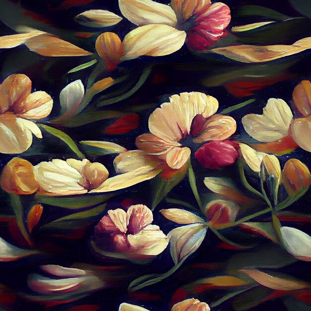 A painting of flowers that is on a black background