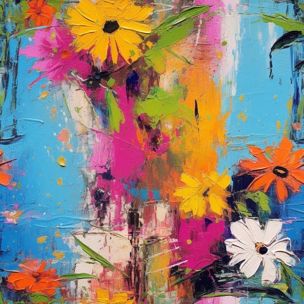 A painting of flowers that is on a blue background