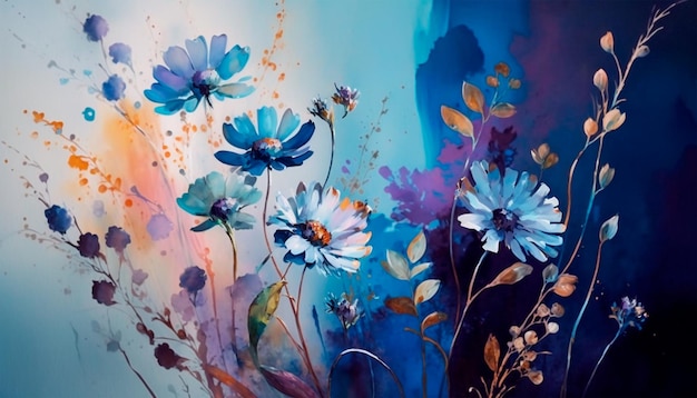 A painting of flowers that is blue and purple