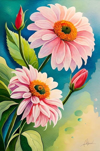 A painting of flowers that is painted with water droplets.