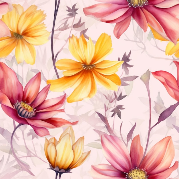 A painting of flowers that is yellow, pink and red