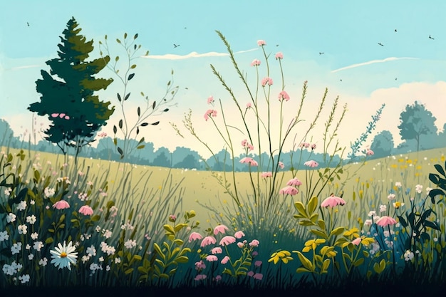 A painting of flowers and trees in a field with a blue sky in the background.